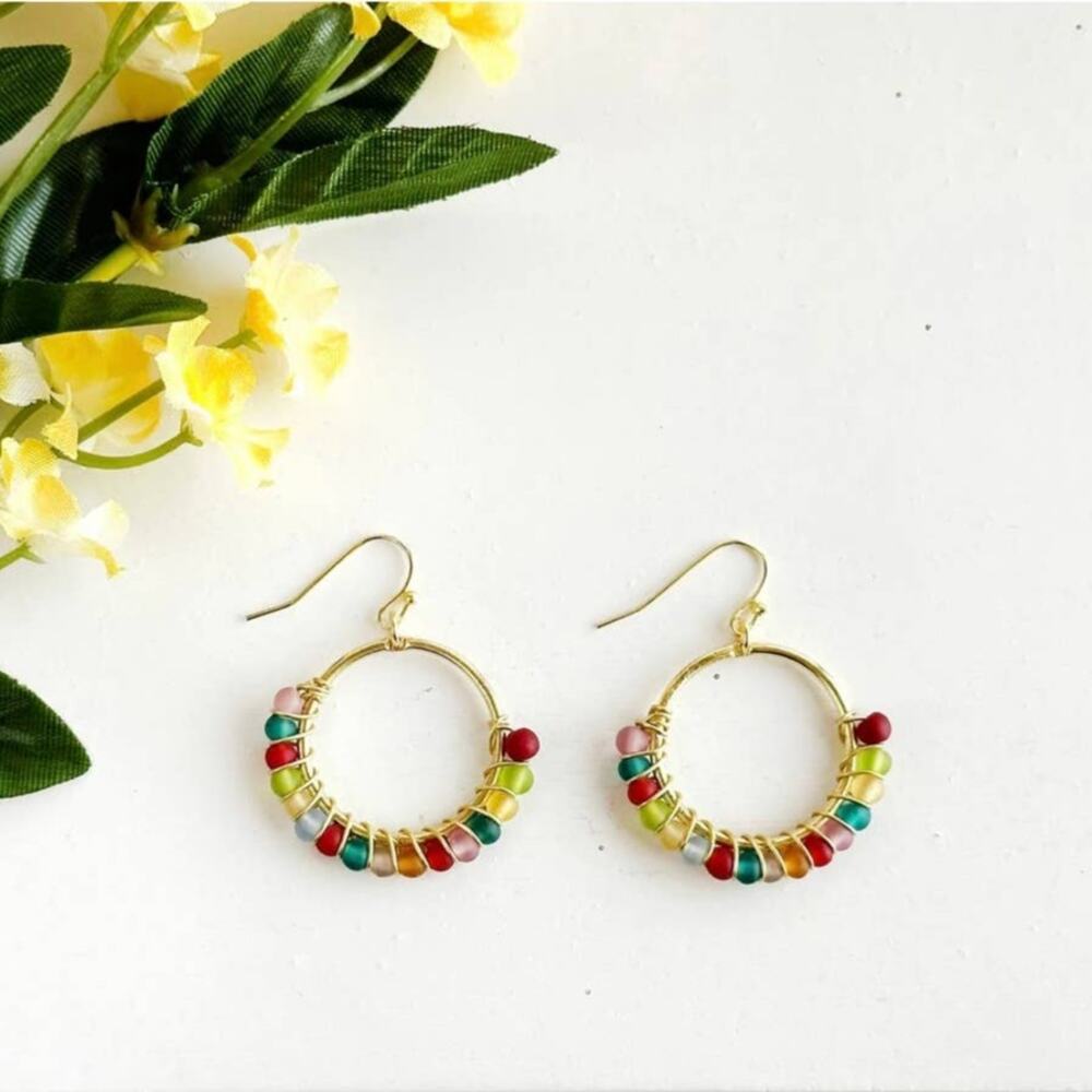 Boho Beaded Hoop Dangling Earrings Handmade Gold Multi Color